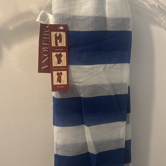 NWT! Merona Scarf. Blue and white stripe with yellow accent and fringe. - Picture 2 of 4